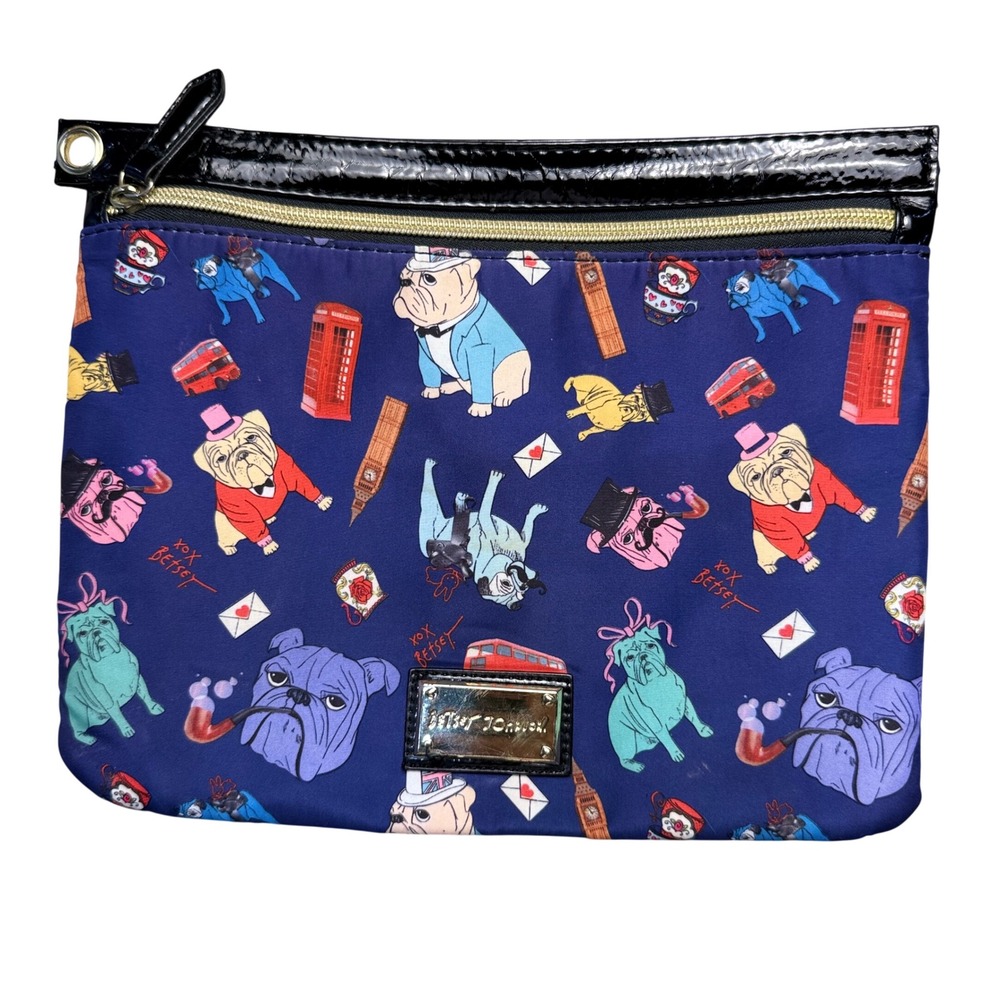 Betsey Johnson London Bulldog Pouch Womens Navy Blue Kitsch Makeup Bag Clutch